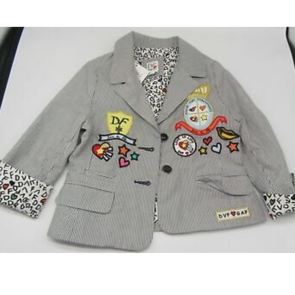 DVF Gap Kids girls blue and white striped blazer with fun and cute badges sz S